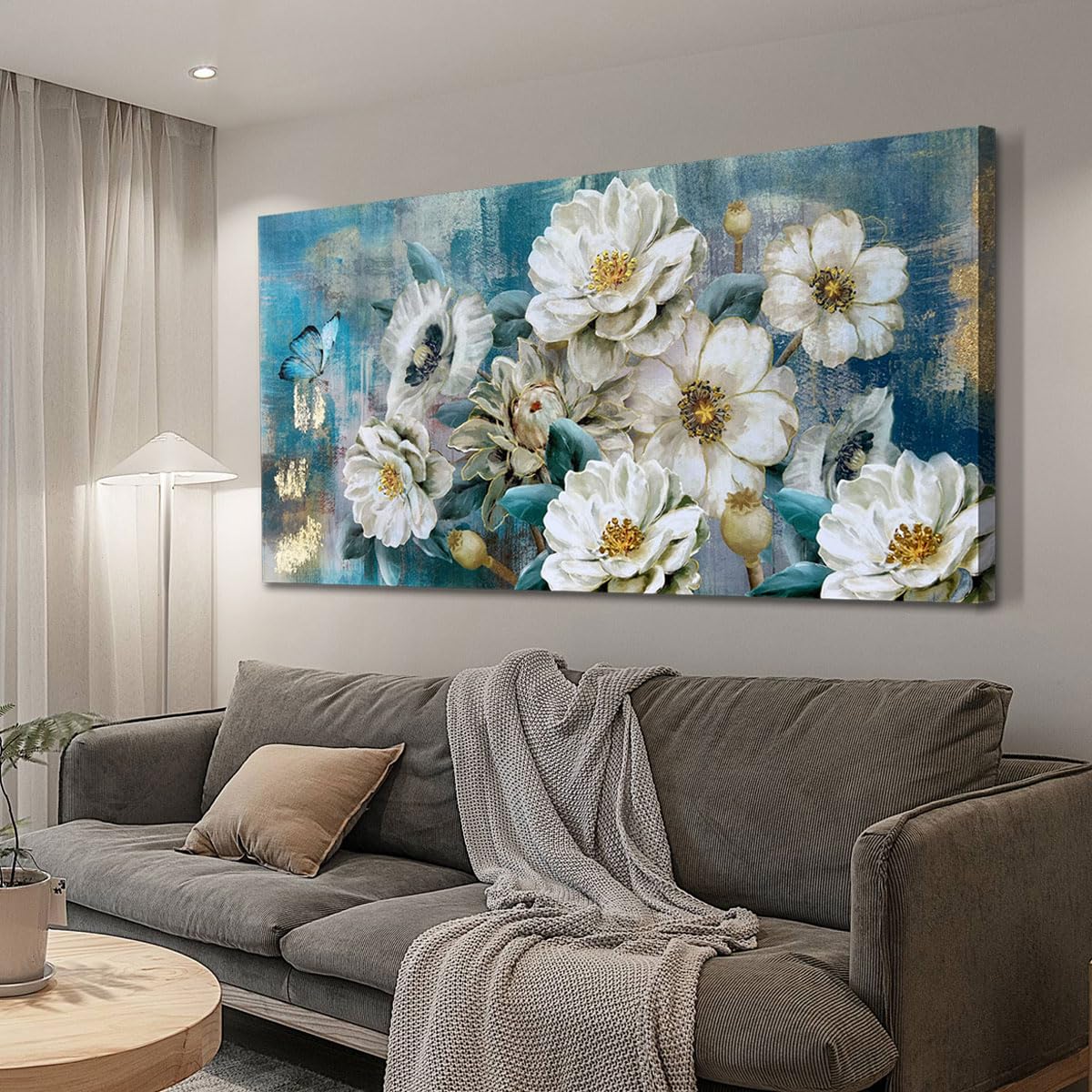 Arjun Tree Wall Art Canvas for Living Room Blue Tree of Life Nature Teal Abstract Textured Painting Picture Modern Panoramic Landscape Artwork Framed Bedroom Home Office Decor, Large Size 40"x20"