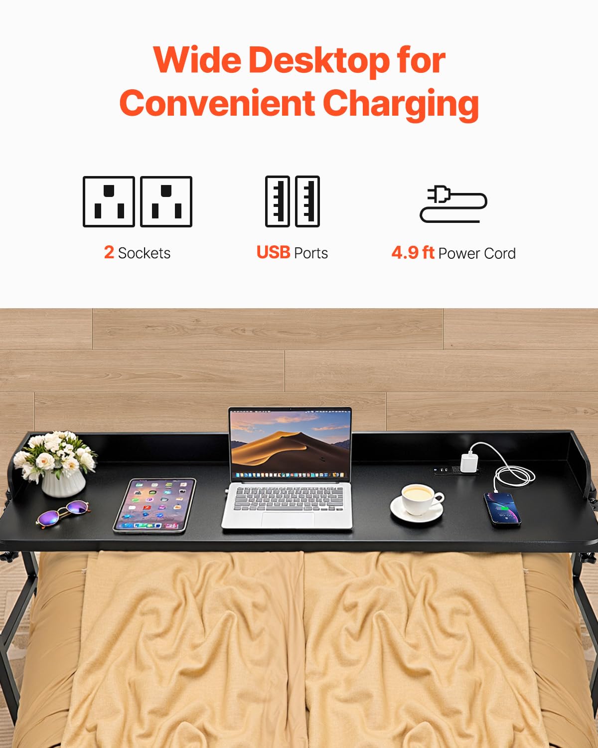 VEVOR Overbed Table, Mobile Bed Side Table with 4 Wheels (2 with Brakes) and Power Socket, Height Adjustable Rolling Laptop Desk, Portable Particleboard Over Bed Desk for Home, Office, Study, Black