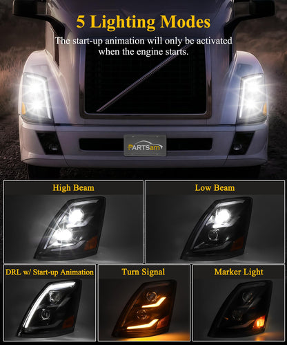 Partsam LED Headlights Assembly Compatible with VNL VN 2004-2017, DOT Approved with Start Animation High/Low Beam Sequential Turn Signal DRL Marker Lights, IP67 6500K