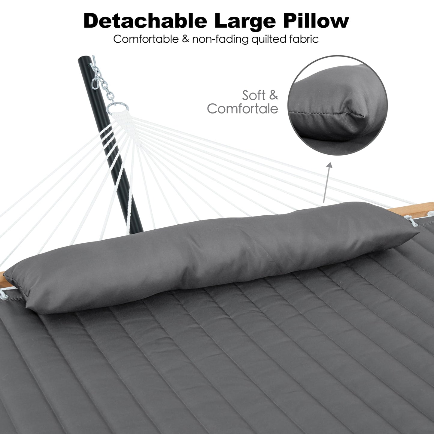 GAFETE 2 Person Hammock with Stand for Outside, Heavy Duty Steel Stand, 55inch Double Hammocks, Large Removable Pillow, Storage Bags, Max 475 lbs Capacity (Haze Gray)