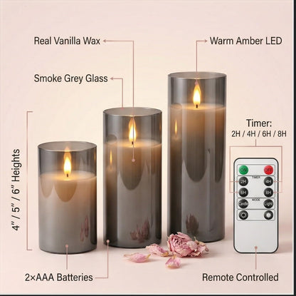LinYang International Vanilla Scented Glass Real Wax Flameless Flickering LED Candles,Remote/Timer Battery Operated Pillar Light,Home/Spa/Office/Festivals/Weddings/Gifts for Decor, Safe for Pets/Kids
