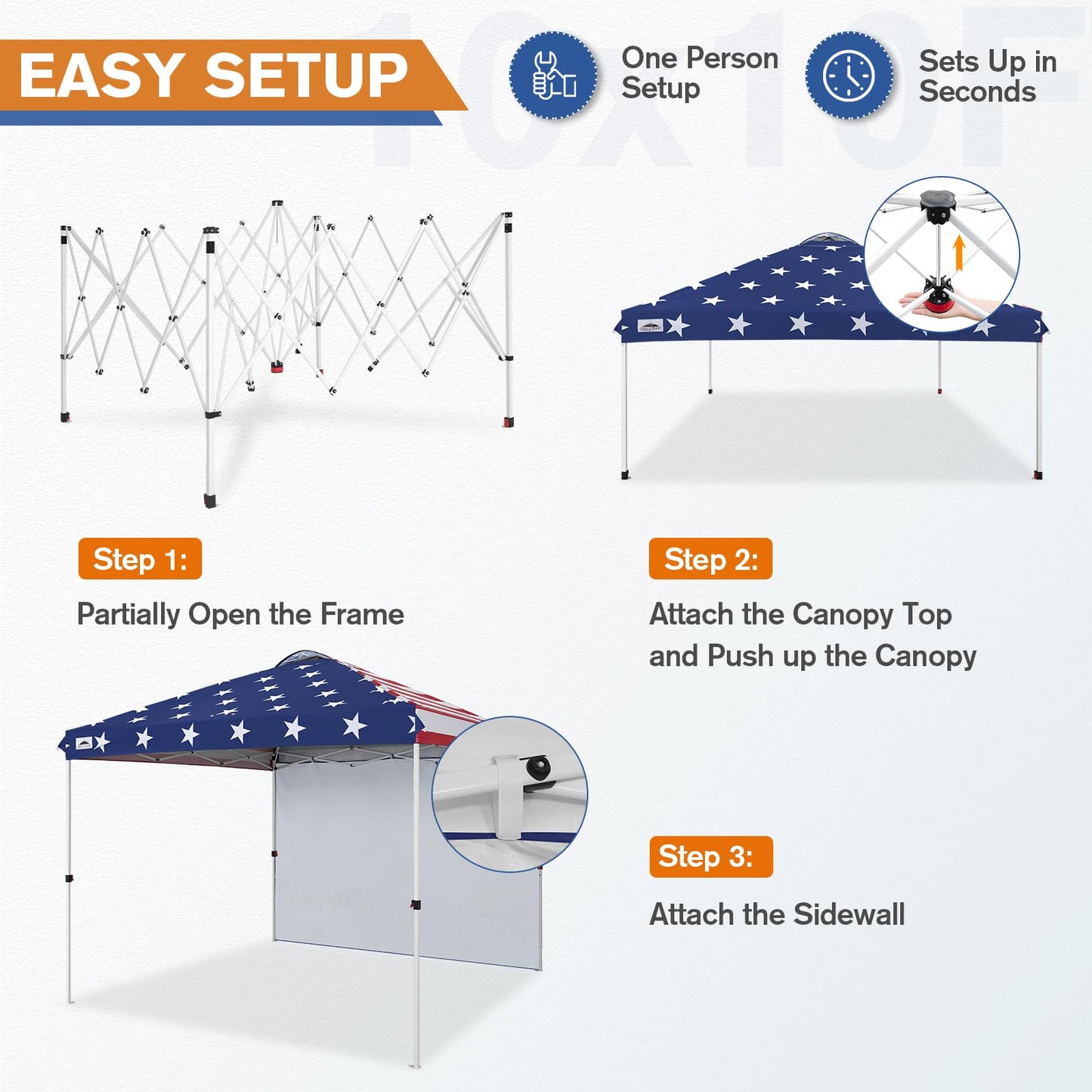 EAGLE PEAK Commercial Canopy 10x10 Pop Up Canopy Tent with 1 Sidewall, Easy Setup Heavy Duty Instant Event Shelter for Vendors & Markets, Outdoor Sun Shade, American Flag
