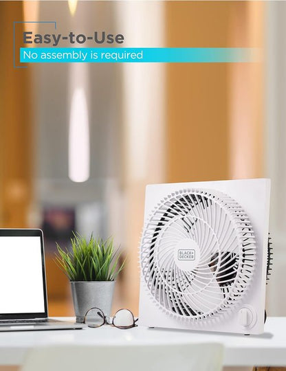 BLACK+DECKER 9-Inch Box Fan - Portable 3-Speed Desk Fan for Home Office or Garage | White Finish