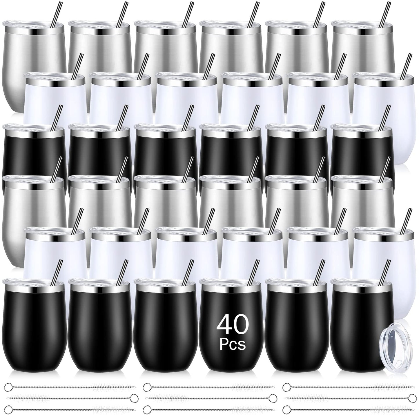 Sieral 40 Pack Insulated Wine Tumblers Bulk 12oz Stainless Steel Wine Cups with Lids & Straws, Double Wall Vacuum Coffee Tumbler for Wedding Party, Employee Teacher Nurse Gifts(Black, White, Silver)