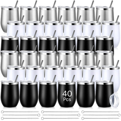 Sieral 40 Pack Insulated Wine Tumblers Bulk 12oz Stainless Steel Wine Cups with Lids & Straws, Double Wall Vacuum Coffee Tumbler for Wedding Party, Employee Teacher Nurse Gifts(Black, White, Silver)