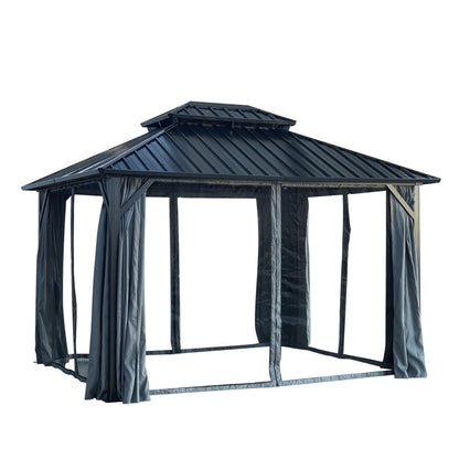 KEIKI 12 * 12FT Permanent Hardtop Gazebo with Netting and Curtains, Double Roof Waterproof Pergola Sunshade Pavilion for Outdoor Patio Lawn Backyard and Garden, Aluminum Frame Galvanized Steel Canopy