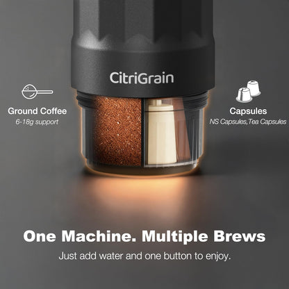 Citrigrain Portable Espresso Machine, Self-Heating Travel Coffee Maker with Fast Charging USB-C & Carrying Bag & Stand, for Ground Coffee & NS Capsules, for Camping, Hiking, RV, Office