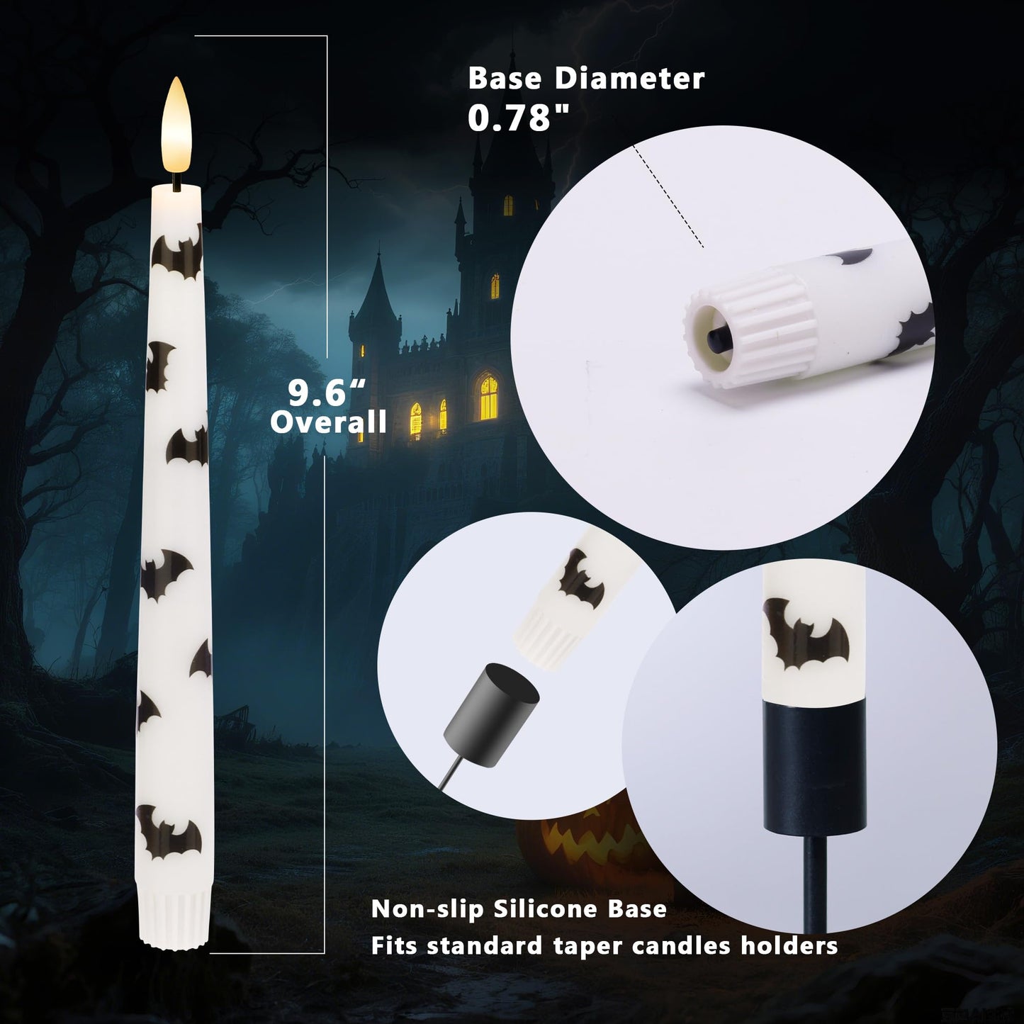 AFINETH Halloween Taper Candles with Bats, 9.6”Real Wax Flameless Taper Candles with Remote & Timer, 3 Pack Battery Operated Halloween Led Candlesticks for Party Home Decor