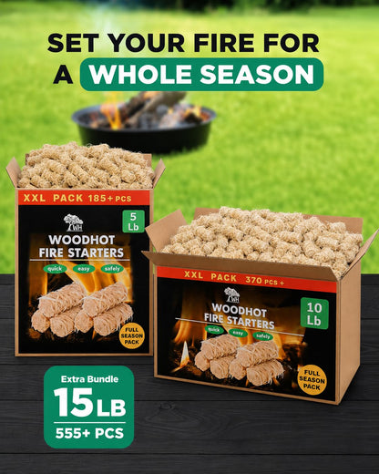 WH Natural Fire Starters 5 lb and 10 lb Bundle, 15 lb Total, 555 Pcs, Long Burning Odorless Charcoal Starters for Campfires, Grill, BBQ, Fire Pit, Fireplace, Wood Stove, Pizza Oven, Quick Ignite