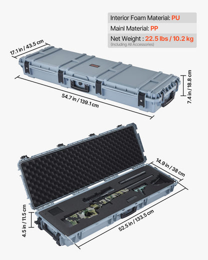 VEVOR Rifle Case, Hard Rifle Case with 4 Layers Fully-protective Foams, 52 inch Lockable Long Storage Case with Wheels, IP67 Waterproof & Dustproof, Grey