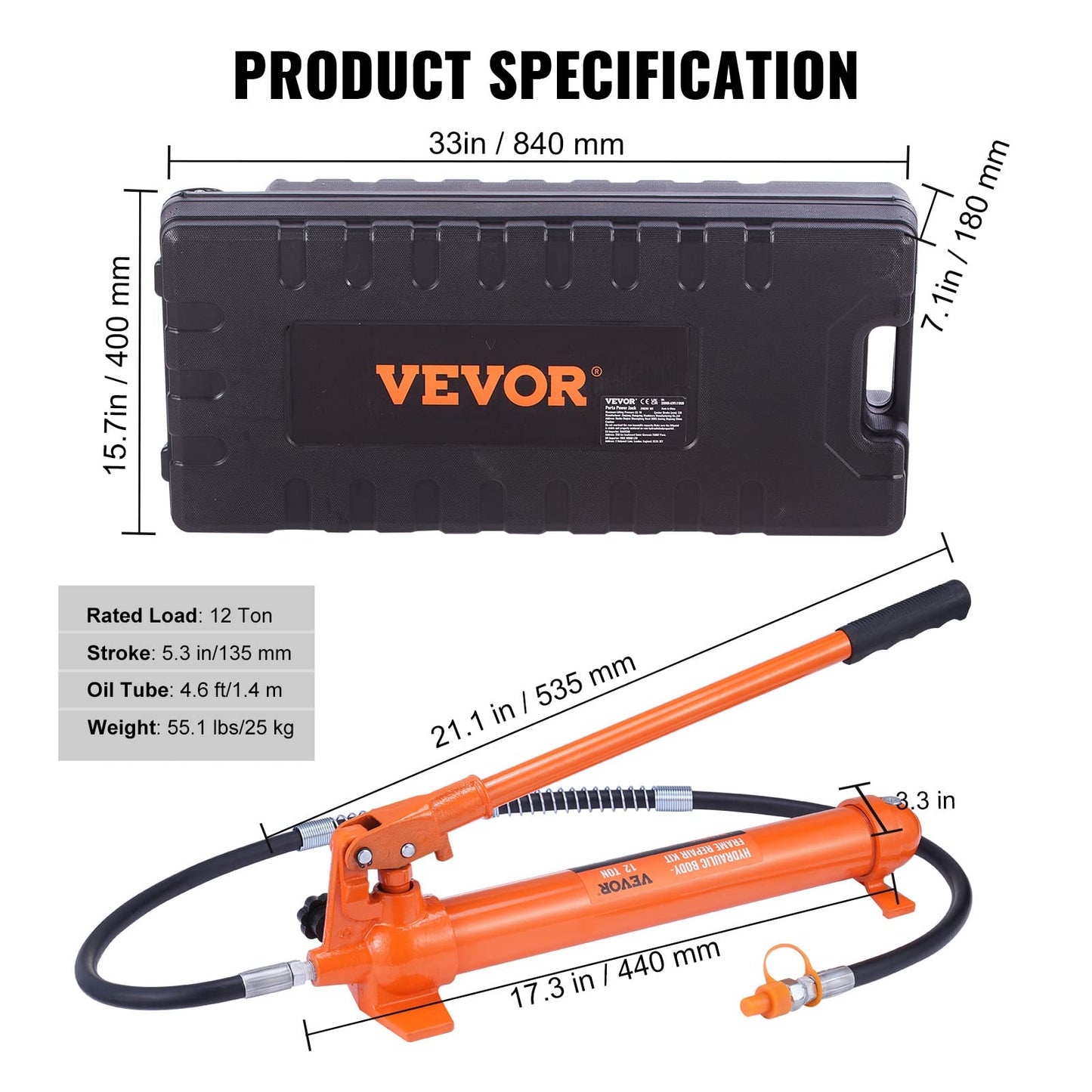 VEVOR 12 Ton Porta Power Kit, Hydraulic Ram with Pump with 4.6 ft/1.4 m Oil Hose, Portable Hydraulic Jack with Storage Case for Automotive, Garage, Farm, Mechanic (26455 LBS)