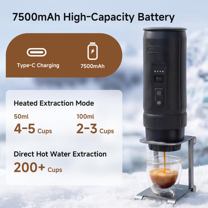 HIBREW H4C Explorer - Portable Electric Espresso Machine, USB-C Rechargeable Coffee Machine for Camping and Travel, Compact for Capsules & Ground Coffee, with Foldable Holder & Carrying Case (Black)