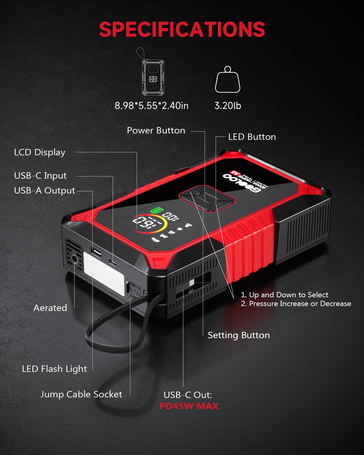 GOOLOO A5 Jump Starter with Air Compressor, 4000A Car Battery Jump Starter (All Gas/10.0L Diesel) with 160PSI Tire Inflator Auto-Off, 45W PD Fast Charging, 12V Jump Box Car Jumper Starter Portable