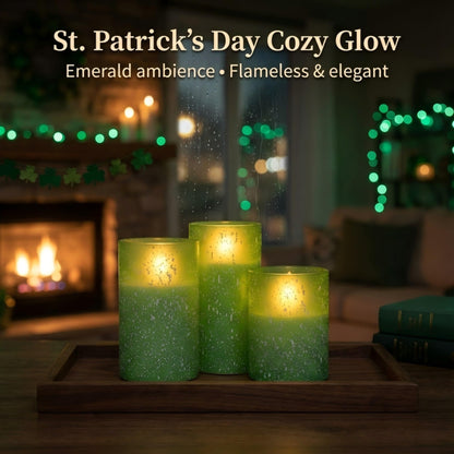 COVEGE Green Flameless Candles with Remote, Glass Flickering Battery Operated LED Pillar Candles with Timer, Real Wax, Set of 3 x4/5"/6"