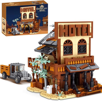 39115 Cowboy City Hotel Building Set with LED Wild West Western Modular Street Scene Model Creative Architecture Kit for Adults 1597 PCS