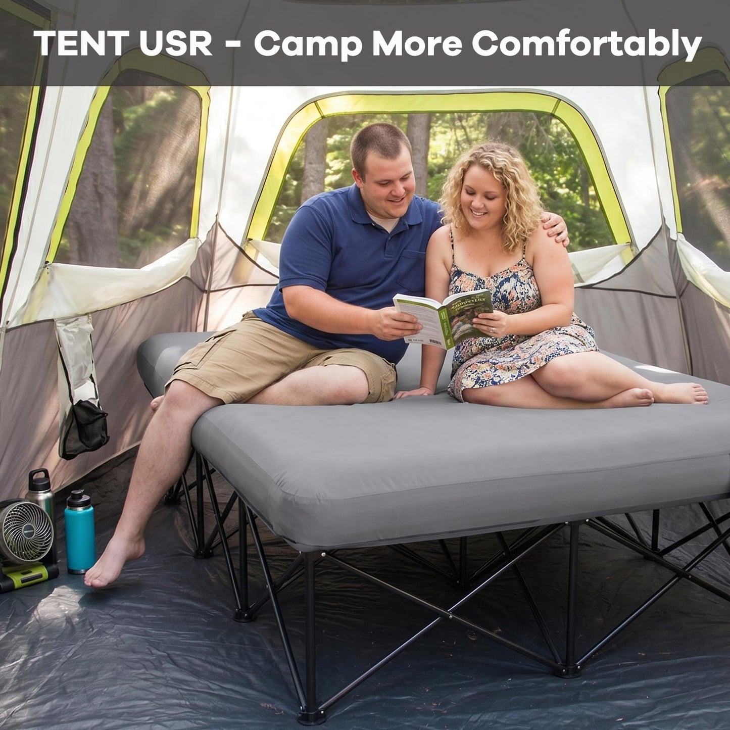 FUNDANGO Queen Camping Cot with Electric Pump, Inflatable Air Mattress Bed with Removable & Washable Cover, Folding Frame, Cup Holders, Carry Bag for Adults, Tent, Guest (80"x60")