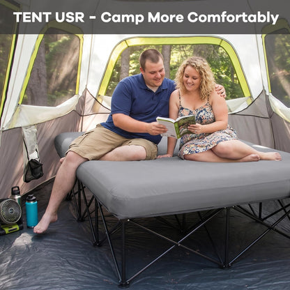 FUNDANGO Queen Camping Cot with Electric Pump, Inflatable Air Mattress Bed with Removable & Washable Cover, Folding Frame, Cup Holders, Carry Bag for Adults, Tent, Guest (80"x60")