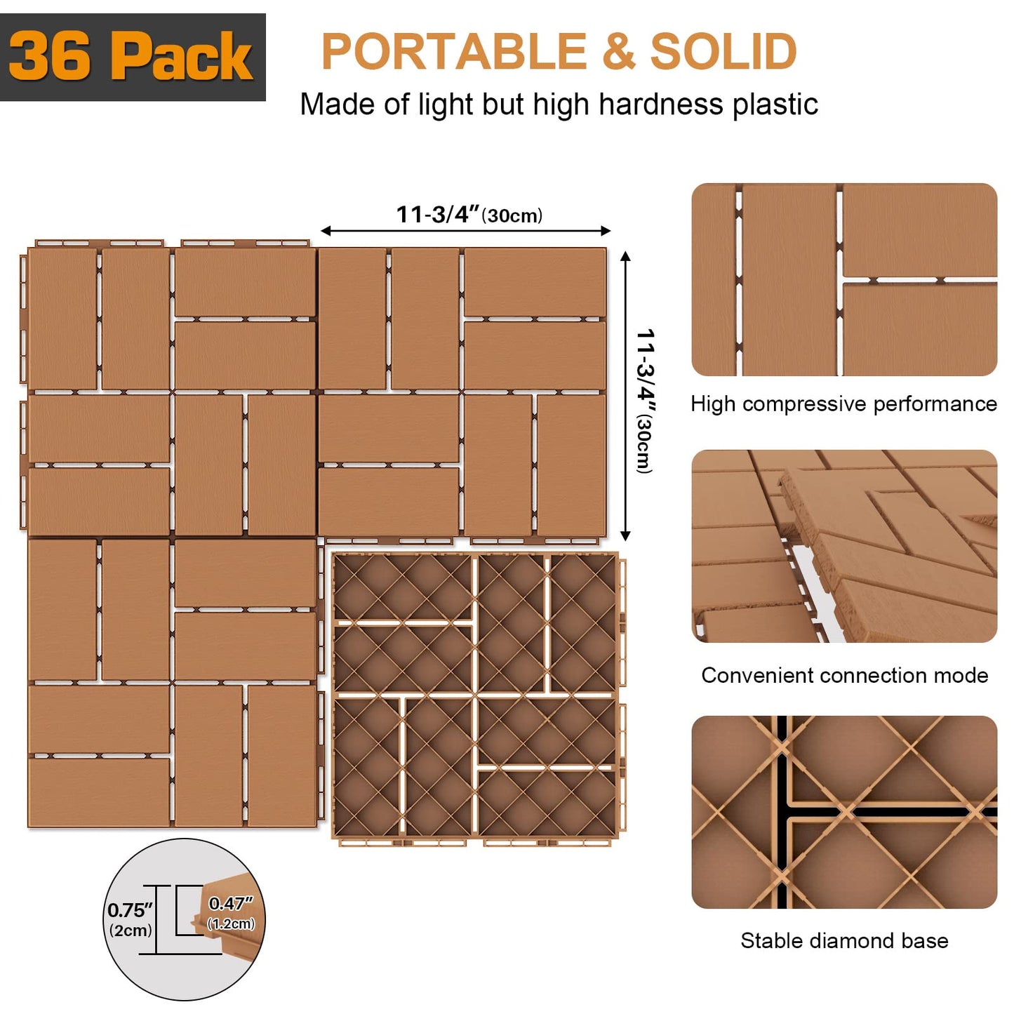 Goovilla Plastic Interlocking Deck Tiles, 36 Pack Outdoor Patio Flooring, 12"x12" Interlocking Decking Tile Outdoor All Weather Use, Waterproof Patio Pavers for Pool Balcony Backyard Porch, Khaki