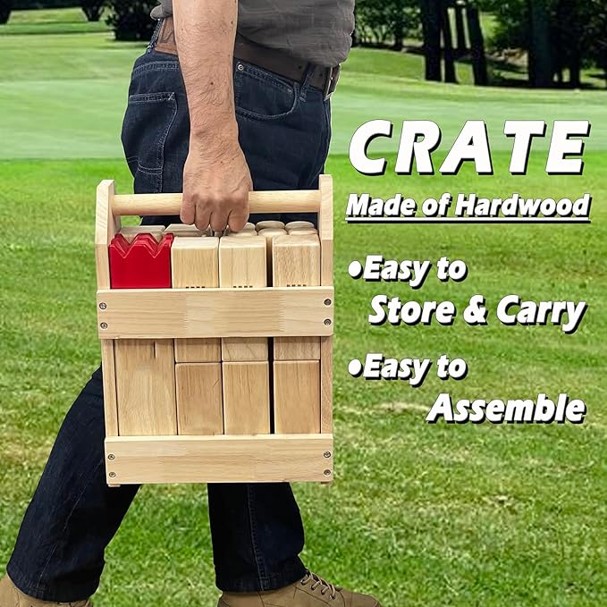 Kubb Game Set - Hardwood Viking Games with Rubber Wood Crate - KUBB Throwing Outdoor Games