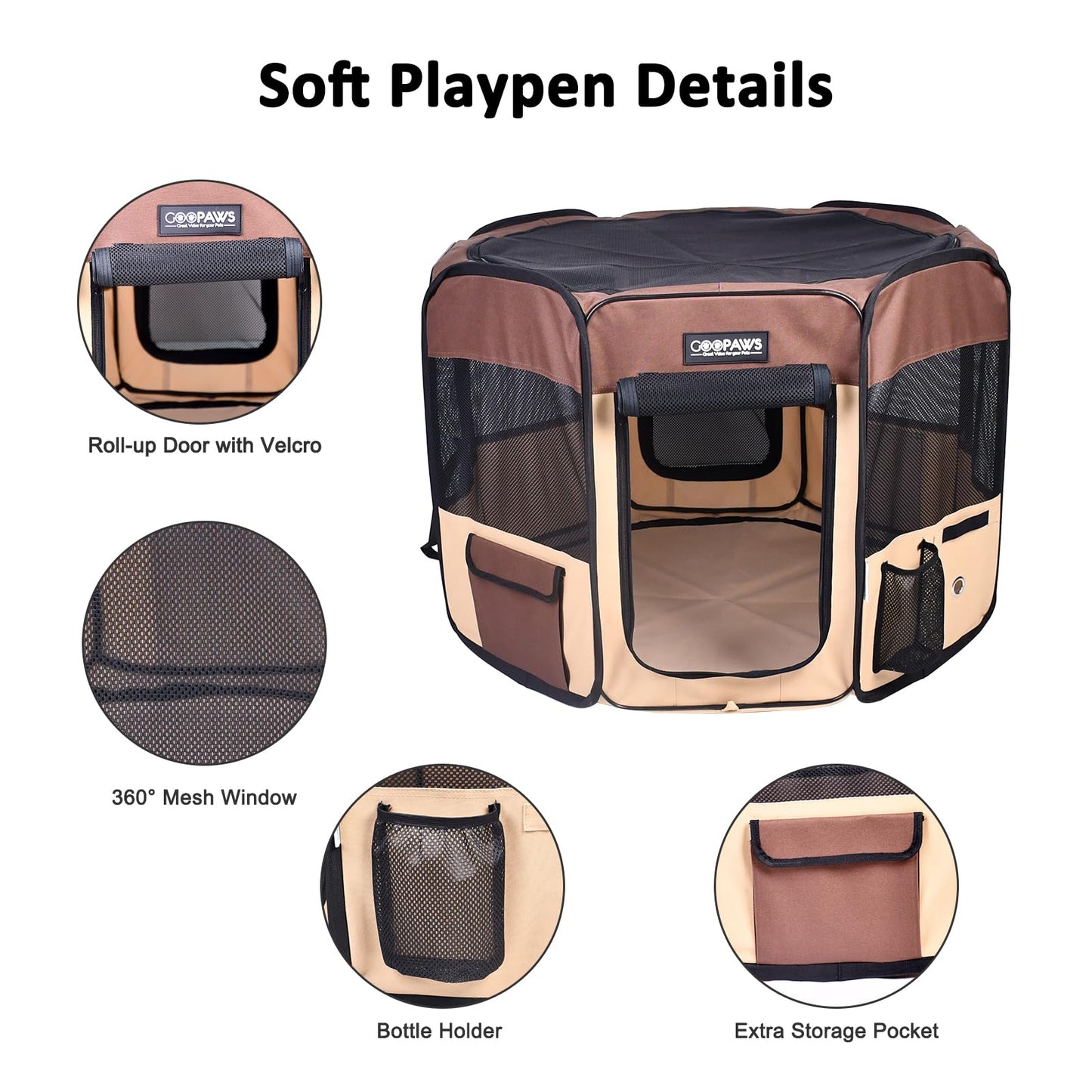 JESPET 61" Pet Dog Playpens, Portable Soft Dog Exercise Pen Kennel with Carry Bag for Puppy Cats Kittens Rabbits, Brown