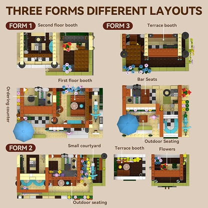 3 in 1 Street View Coffee Shop City Building Set Compatible with City House Modular Simulation Architecture Construction Toy with LED Lights Gift for Adults and Girls Kids Aged 8+(875 PCS)