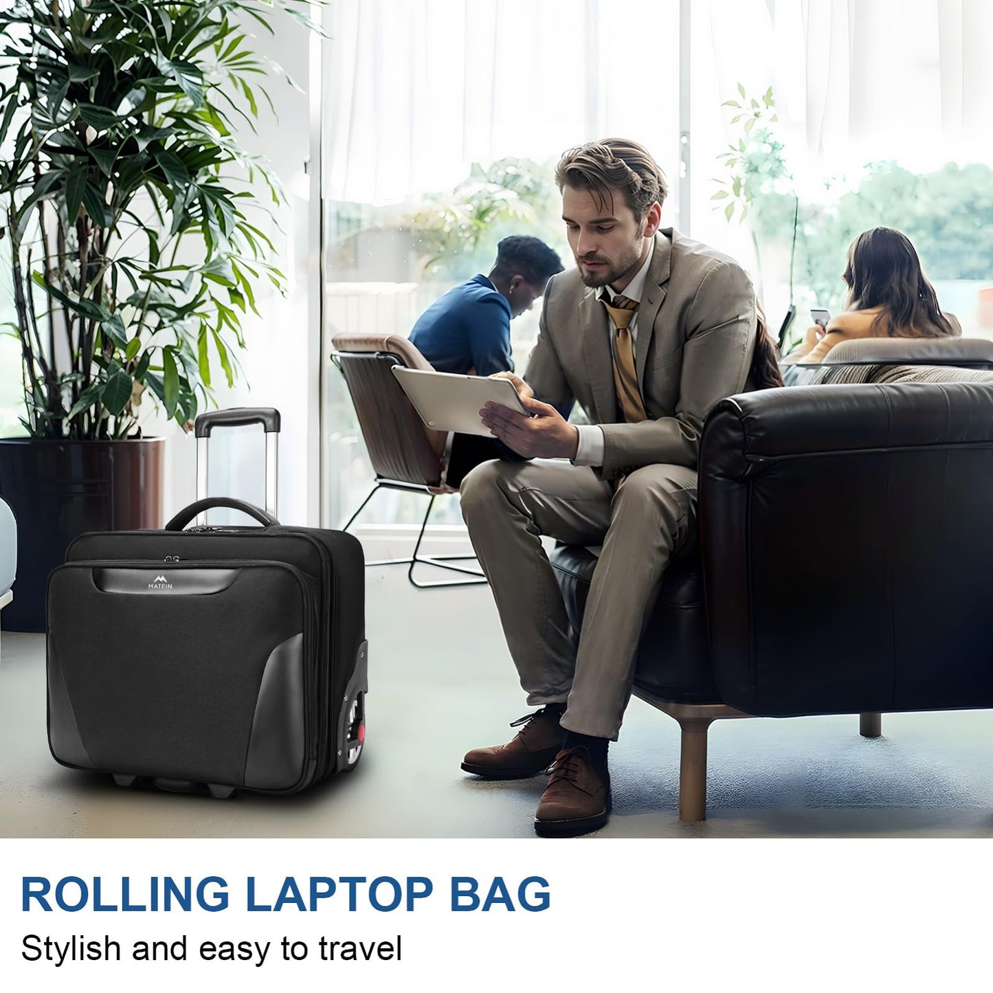 MATEIN Rolling Briefcase for Men, Large Rolling Laptop Bag with Big Wheels Fits 17.3 Inch Notebook for Travel Office Work, Water Resistant Roller Computer Case College Teacher Luggage Suitcase, Black