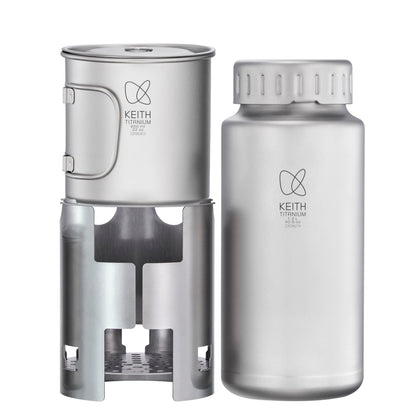 Keith Titanium Ti3070 Nesting Camp Set - Ultralight Plastic-Free Titanium Bottle, Mug & Wood Stove with Canvas Carry Bag - Durable, Portable, and Eco-Friendly for Camping, Hiking & Outdoor Adventures