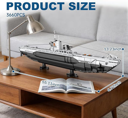 Reobrix U-Boat Submarine Building Set for Adults 3660Pcs Military Warship Model Kit with Stand WWII Collectible Battleship Display with Interior Details Creative Gift for Military Fans 14+