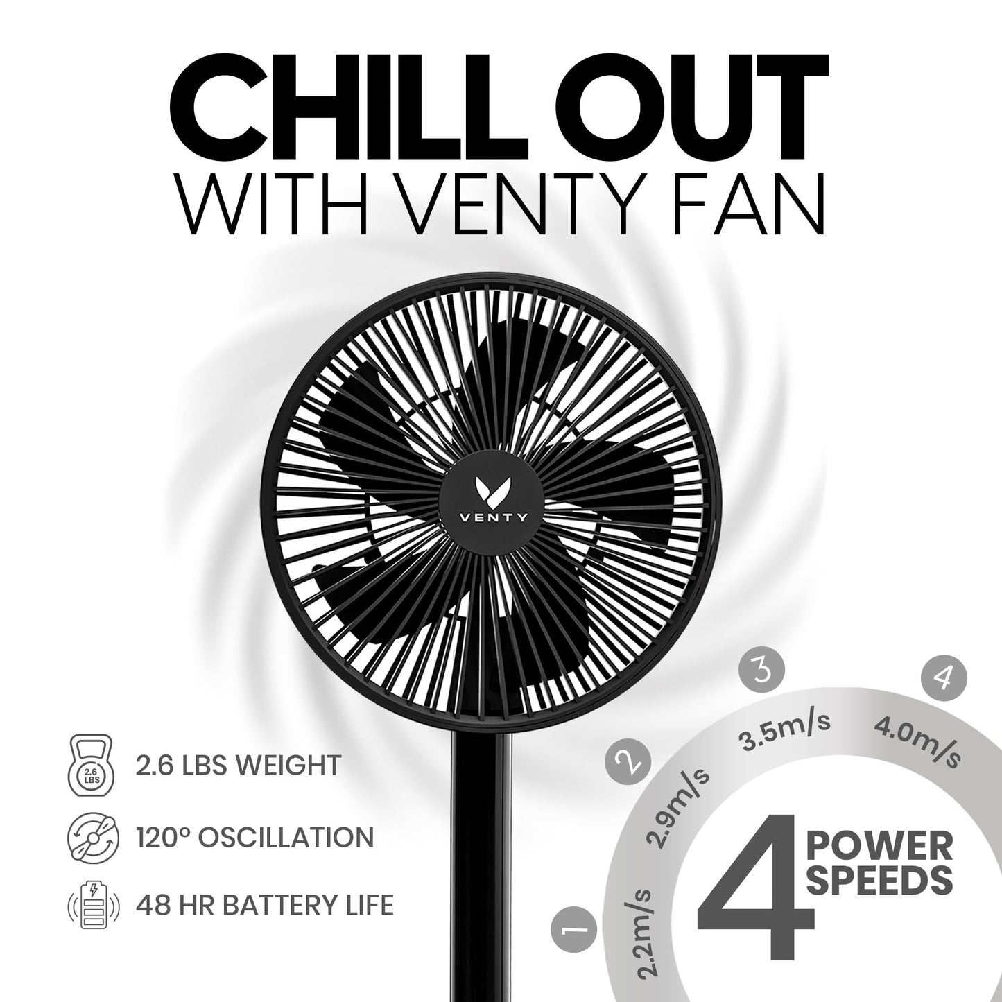 VENTY Portable Fan - Wireless Battery Operated Fan - 4 Speeds - LED Lighting - Carry Case & Remote Control - Cruise Travel - Outdoor Travel RV Power Bank With USB-C Port (Black with Case)