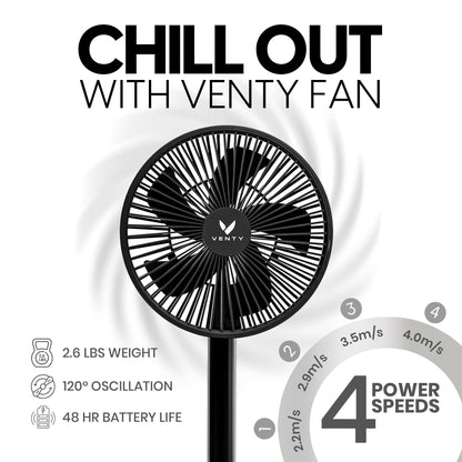 VENTY Portable Fan - Wireless Battery Operated Fan - 4 Speeds - LED Lighting - Carry Case & Remote Control - Cruise Travel - Outdoor Travel RV Power Bank With USB-C Port (Black with Case)