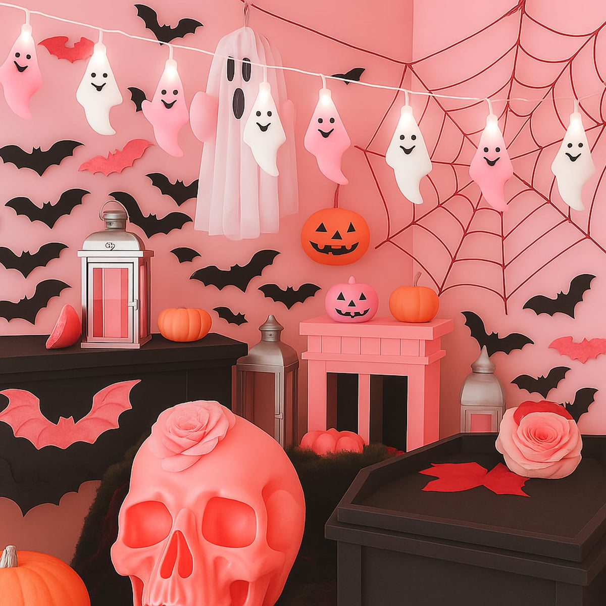 Glooglitter Pink Halloween Ghost Lights String, 6.5 ft, 2 Pcs, Plastic, Cute Indoor/Outdoor Decorations, Model JEI-Glooglitter-1997