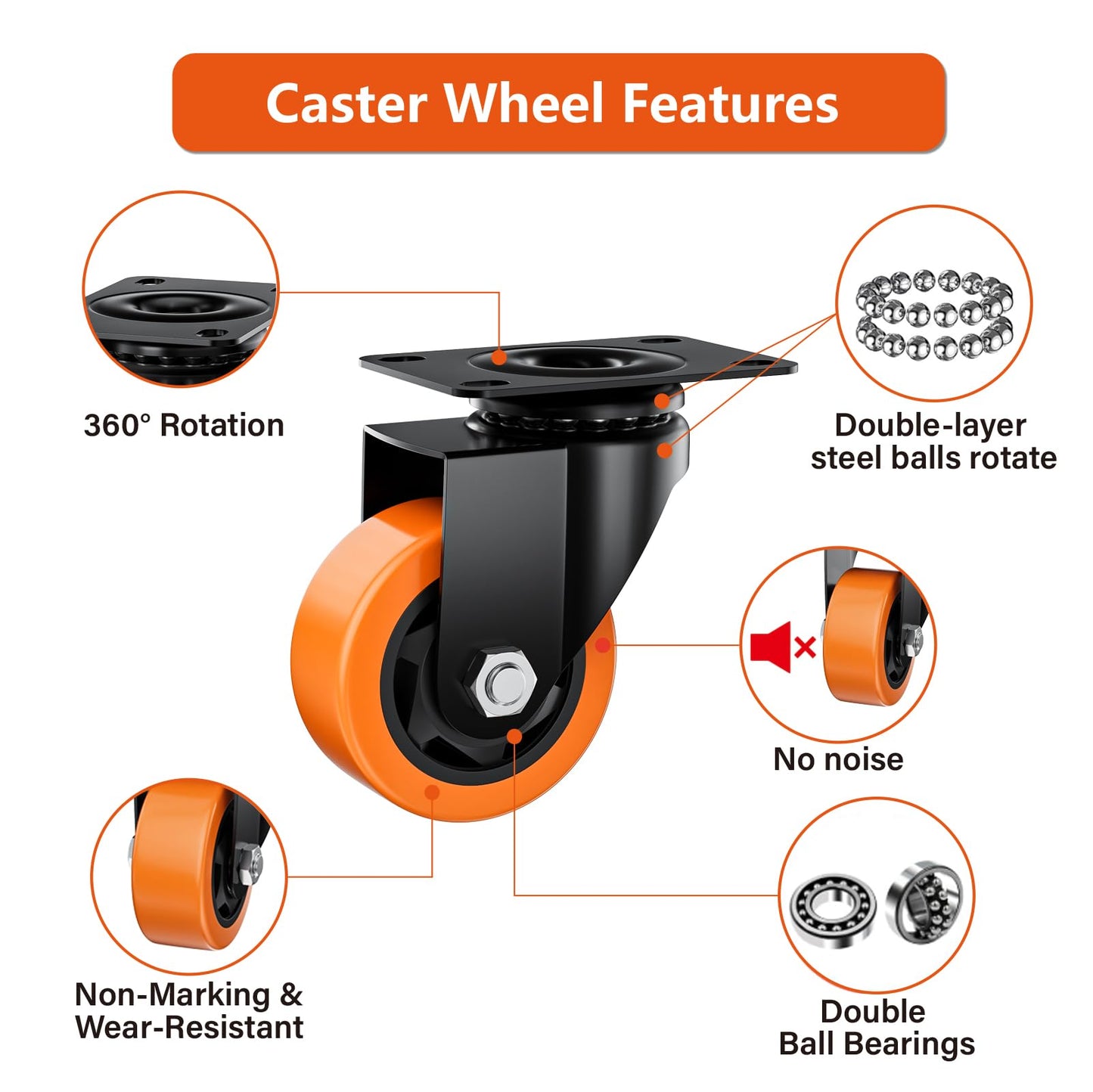 ASHGOOB 3 Inch Caster Wheels, Casters Set of 24 Heavy Duty, Orange Polyurethane (PU) Casters, Industrial Swivel Top Plate Castor Wheels for Workbench/Furniture/Cart (Pack of 24)
