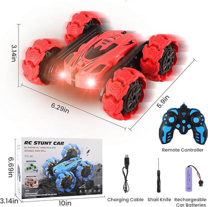 RC Stunt Car 360° Flips &amp Double-Sided Remote Control Truck with LED Lights 2.4GHz High Speed All Terrain Off-Road Toy Car Gift for Boys Girls Kids Ages 6-12 (Red)