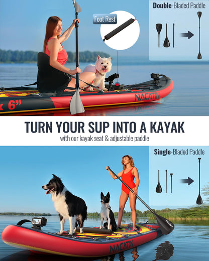 NACATIN 12' Extra Large Inflatable Stand Up Paddle Board with Seat, Wide 36" SUP Board for Adults & Family, with Single/Double Paddle, Kayak Seat, Pump, Stable Wide Deck for Beginners, Lake and River