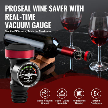 2 Pack Wine Vacuum Saver Sealer with Real-Time Pressure Gauge, Reusable Bottle Stoppers for Red & White Wine Preservation - Airtight Seal, Keep Fresh 5X Longer (Includes Hand Pump)
