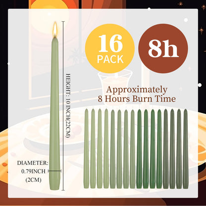 MTLEE 10 Inch Long Tapered Candle Stick Bulk Smokeless Unscented Burning Candlestick Paraffin Wax with Cotton Wick for 4th of July Dinner Anniversary Wedding Party Church(Gradient Green,16 Pcs)