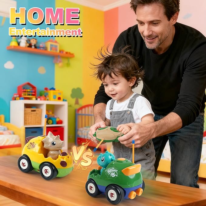 MagicKidz Dinosaur RC Car for Kids - 2-Pack Remote Control Dino Toy Cars for Boys Toddlers Ages 18+ Months 2 3 4 5 Year Old Birthday Gifts with Lights and Music
