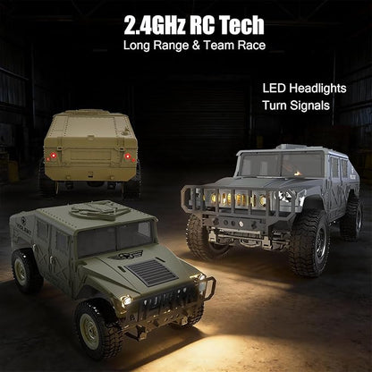 2.4GHz All Terrain RC Military Truck 4WD Remote Control Car Off Road Waterproof with Headlights Turn Signal Lights and Rechargeable Batteries Vehicle Toy Gifts for Adults Kids Age 8+ (Black)