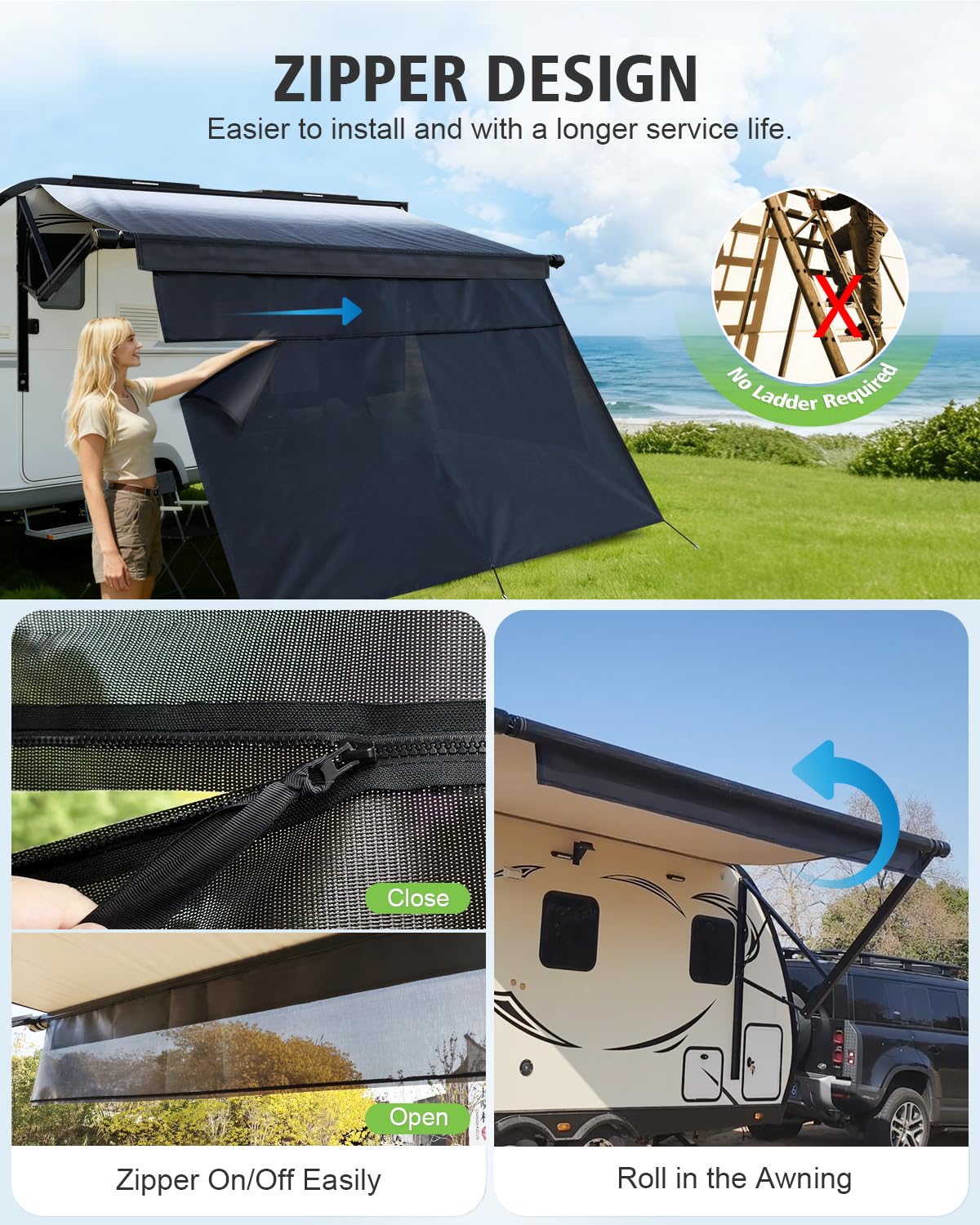 Dulepax RV Awning Sun Shade Screen with Zipper 9'X18'3'' -Second Generation RV Awning Shade Screen Significantly Improves Shadew and Privacy.Universal, Capmer Awning Shade with Complete Kits
