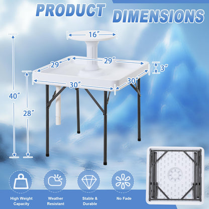 Haddockway Two-Tier Ice Cooler Table, Square Ice Tables for Parties with Drain, Removable Matching Skirt & Rounded Tray, Folding Outdoor Cooler Table for Picnic, Camping, Fishing, Wedding