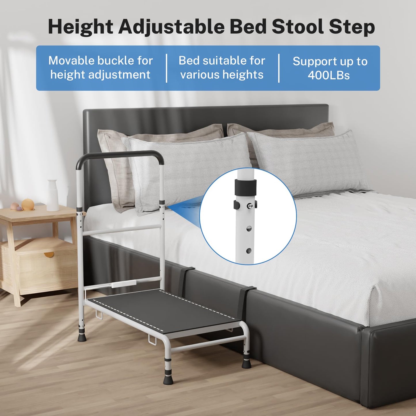 WISDEER Bedside Step Stool for Elderly - Adjustable Handle Motion Sensor LED Light Non-Slip Surface Heavy Duty Steel Supports Up to 400 lbs Ideal for Safe Bed Access, White