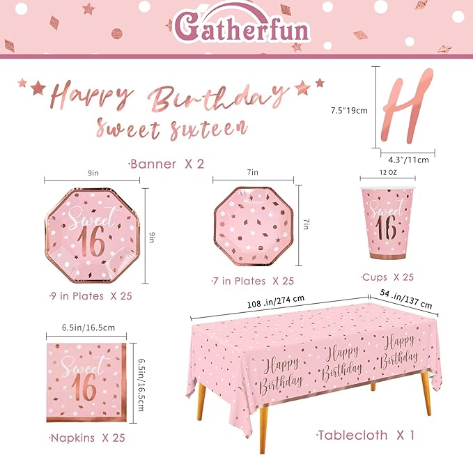 Rose Gold &amp Pink Sweet 16 Birthday Bundle: Party Supplies Set with paper Plates Napkins Cups Tablecloth &amp Banner - Sweet Sixteen Decorations Party Favors Serves 25