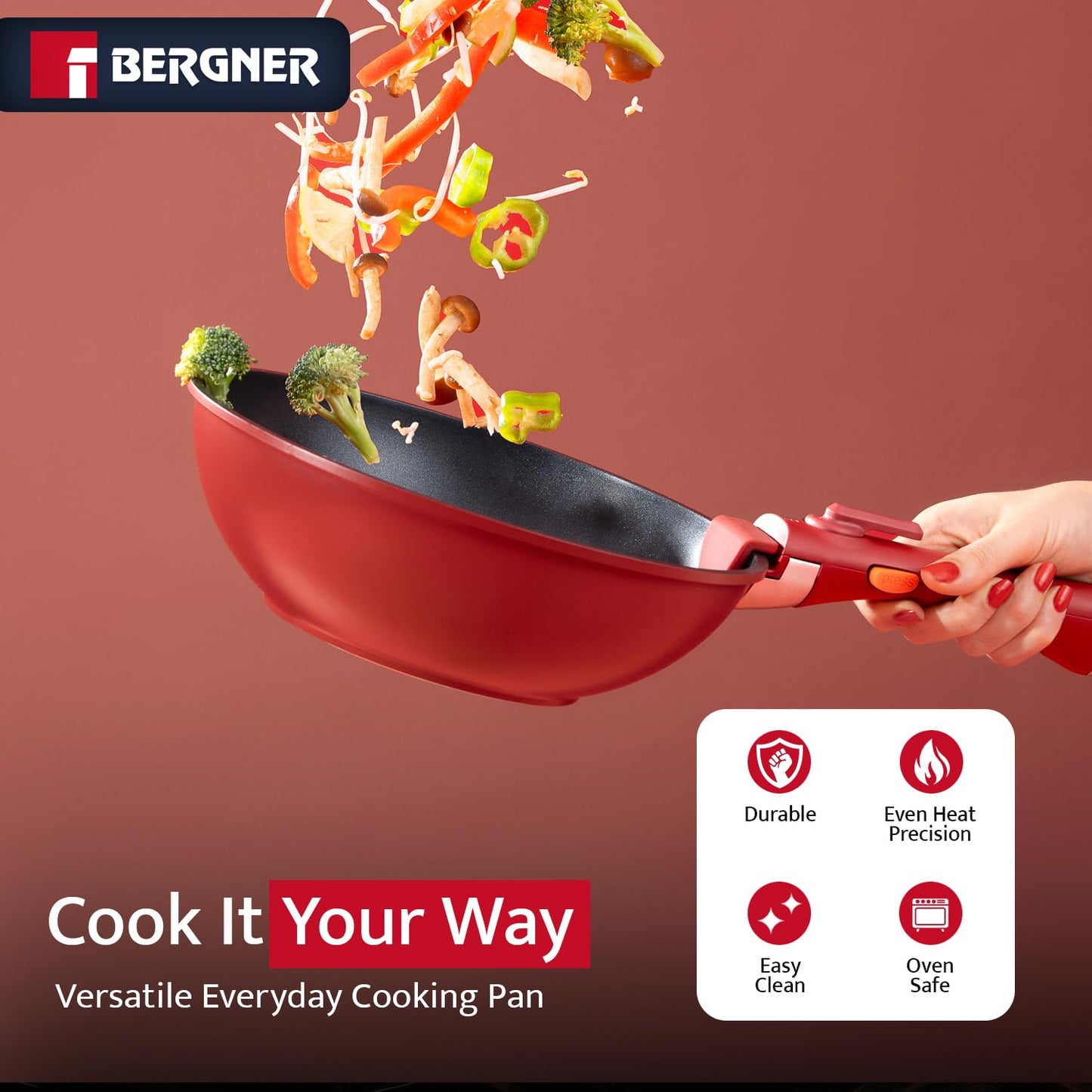 Bergner 11-Piece Non-Stick Cookware Set with Detachable Handles - Stackable Die-Cast Aluminum Pots and Pans Set, Induction & Oven Safe, Space-Saving Kitchen Set, Red