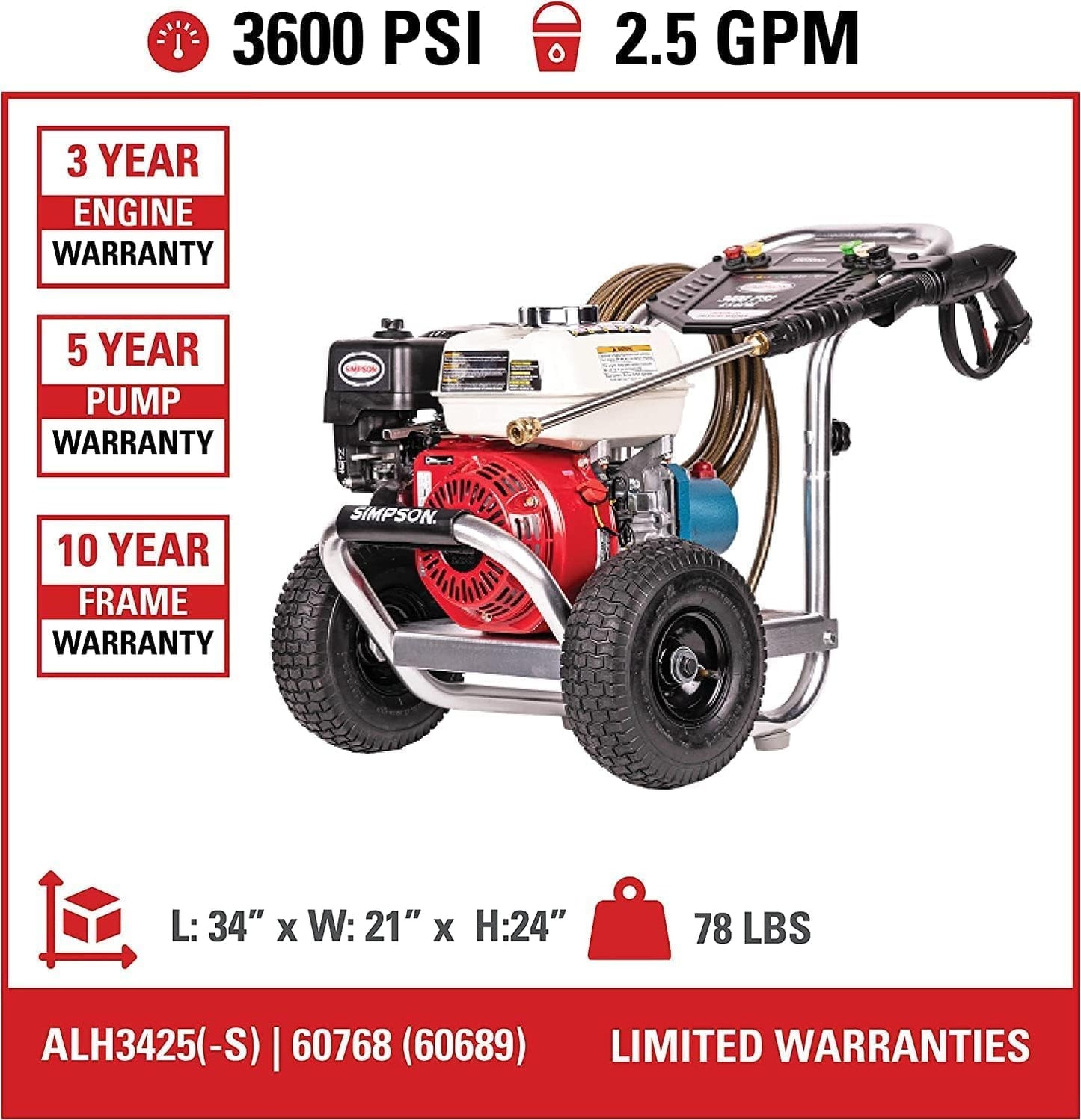 Simpson 3600 PSI Gas Pressure Washer - 2.5 GPM Commercial Power with Honda GX200 Engine & 35' Hose