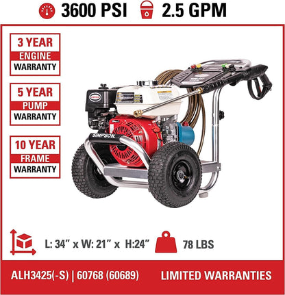 Simpson 3600 PSI Gas Pressure Washer - 2.5 GPM Commercial Power with Honda GX200 Engine & 35' Hose
