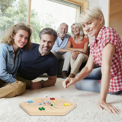 HOROW Wahoo Board Game Wooden Original Board Game 15 inch Classic 2 Side Painted Fast Track Game for 4 Player and 6 Player with 30 Marbles6 Dices for Family Game Night
