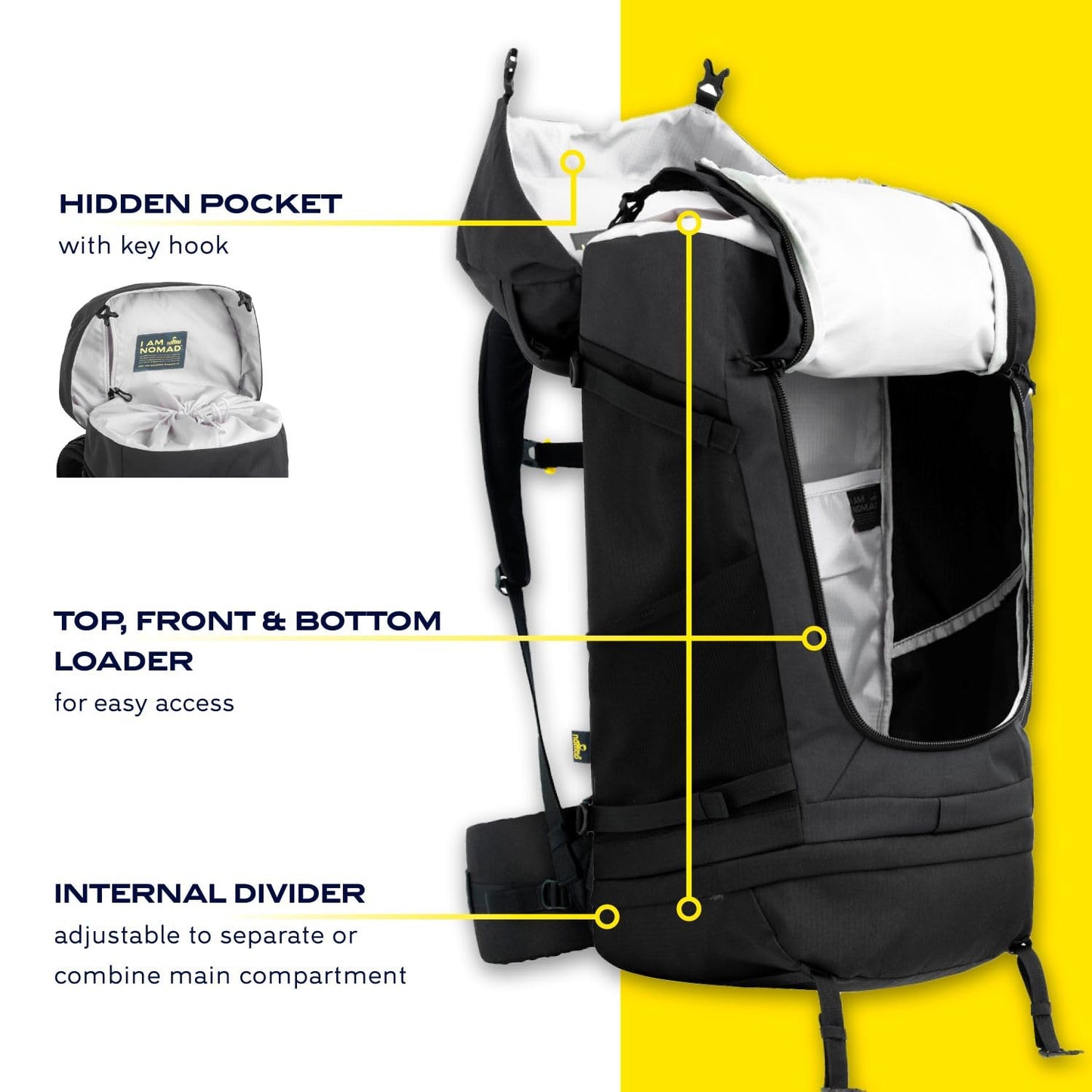 NOMAD Batura Backpack - Premium 70L Pack with Rain Cover Included | Lightweight Rucksack for Traveling, Hiking, Camping, Outdoor Sports (Black)