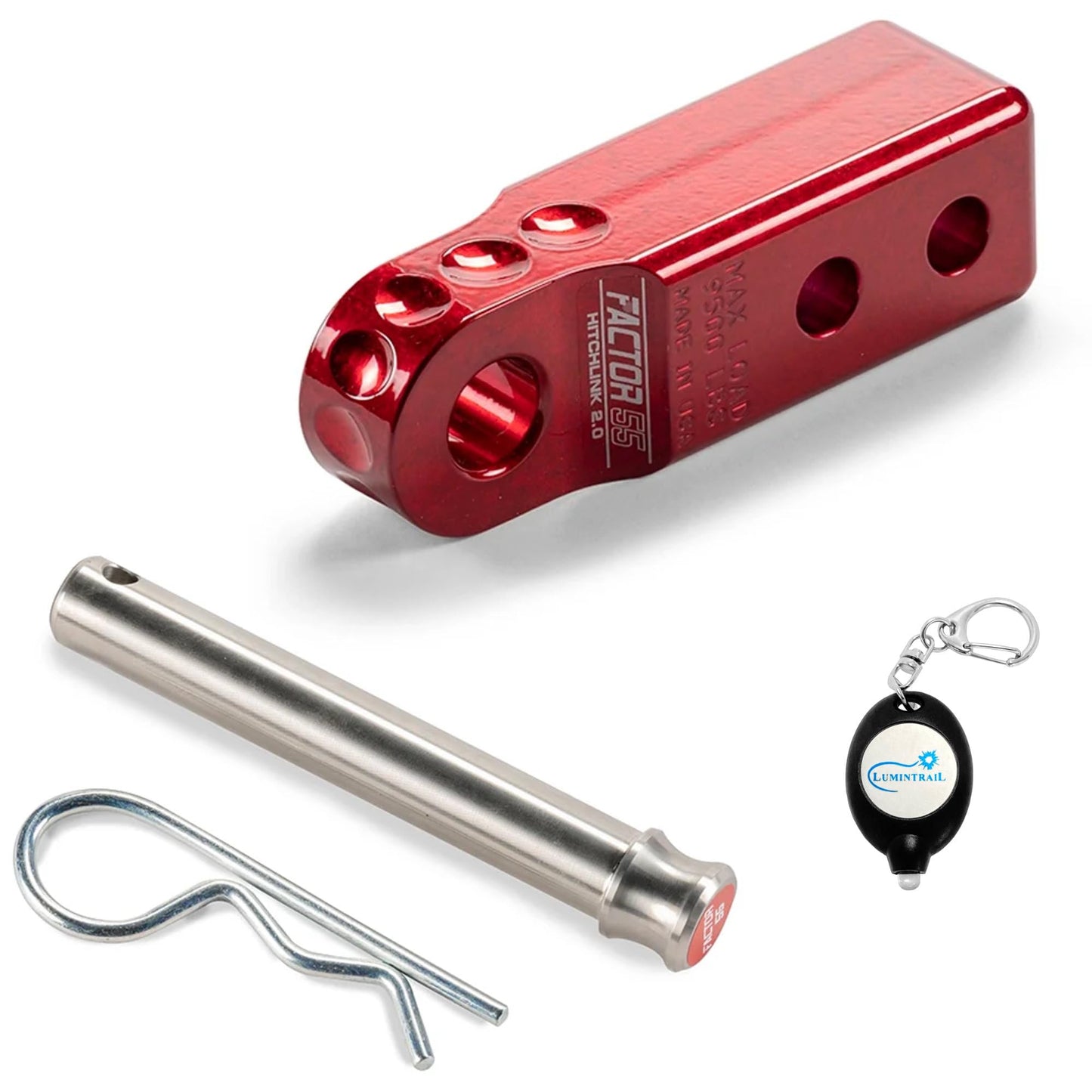 Factor 55 Shackle Mount Receiver HitchLink 2.0 Rated 9,500 lbs, Red, Bundle with a Factor 55 Quick Release Hitch Pin and Keychain