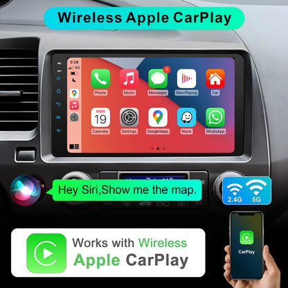 Car Stereo Radio for Honda 2006 2007 2008 2009 2010 2011 with Wireless Carplay & Android Auto,9 Inch 1080P Touch Screen for Civic Radio with Airbag Indicator Bluetooth FM Mirror Link SWC Camera