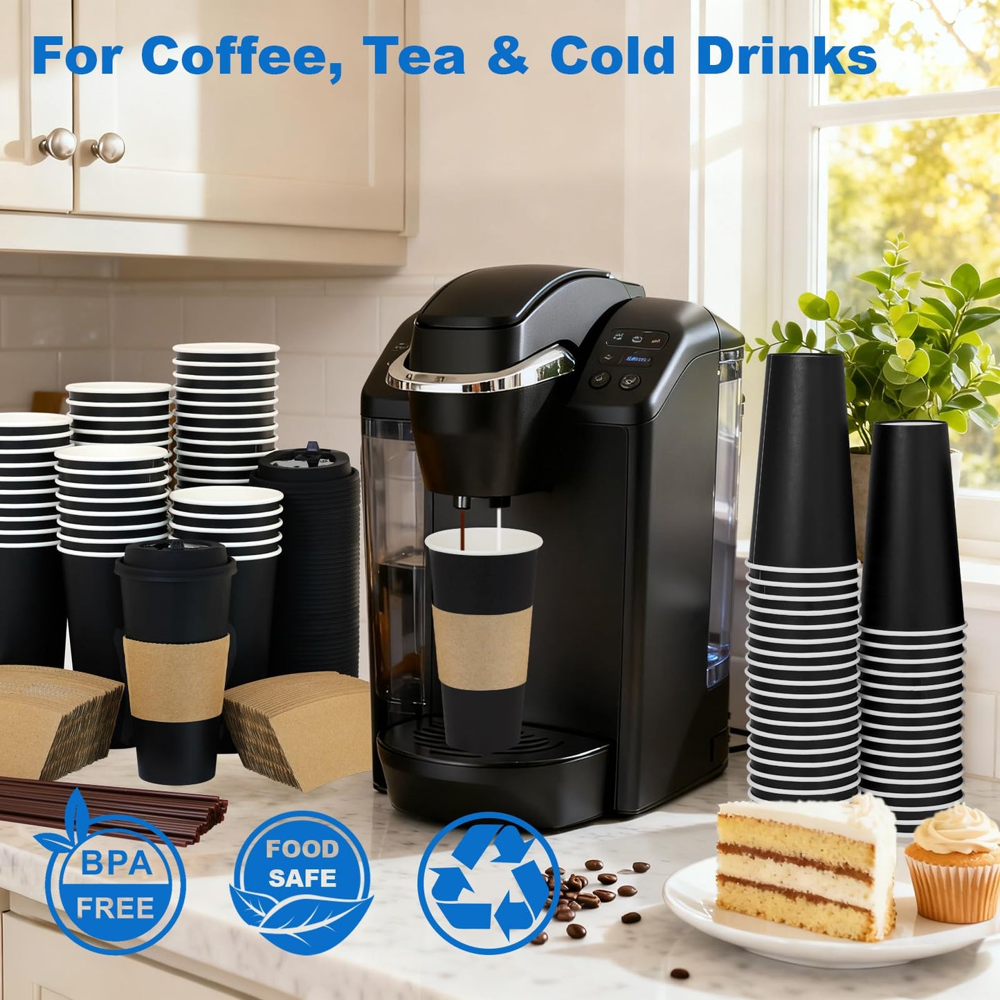 Coolcap 20 oz 500 Pack Coffee Cups with Lids and Sleeves, Straws, Hot Disposable To Go Travel Paper Cups Bulk for Office, Home Coffee Bar Accessories, Chocolate, Cocoa, Beverage (Black)